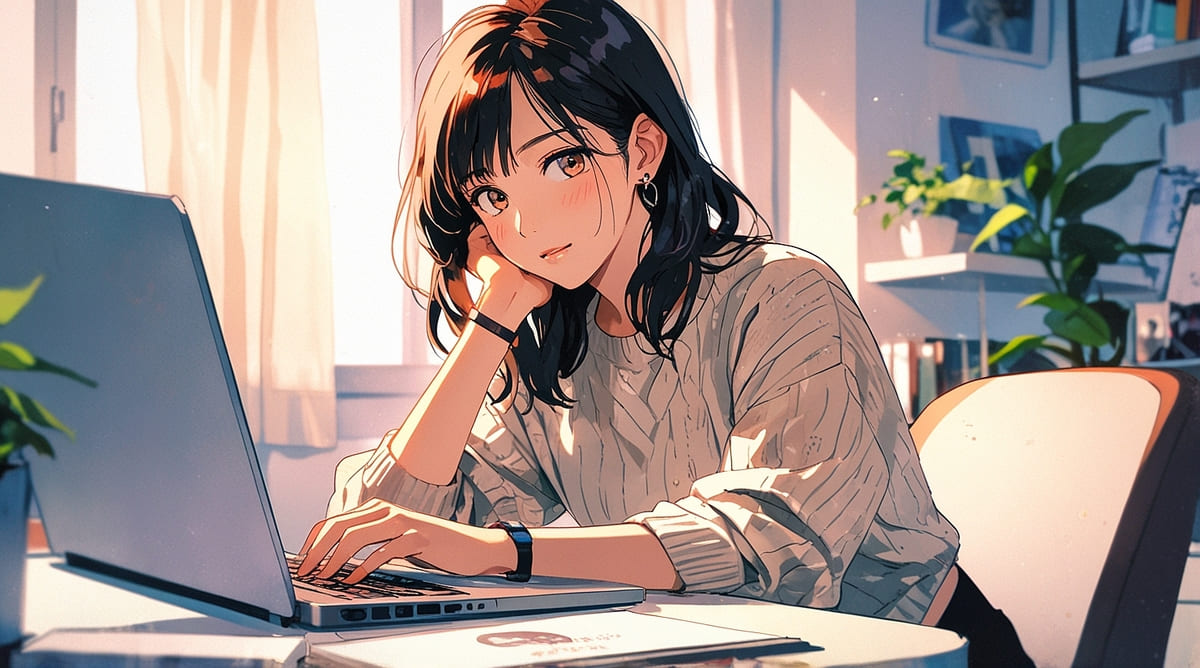 明るい在宅デスクでノートPCを操作する30代女性のバストアップイラスト