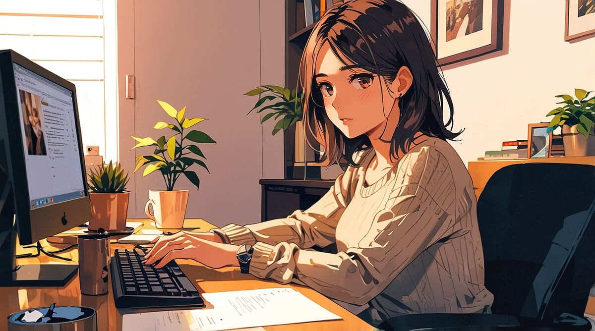 おしゃれな在宅デスクでキーボードを操作する30代女性のアニメ風イラスト