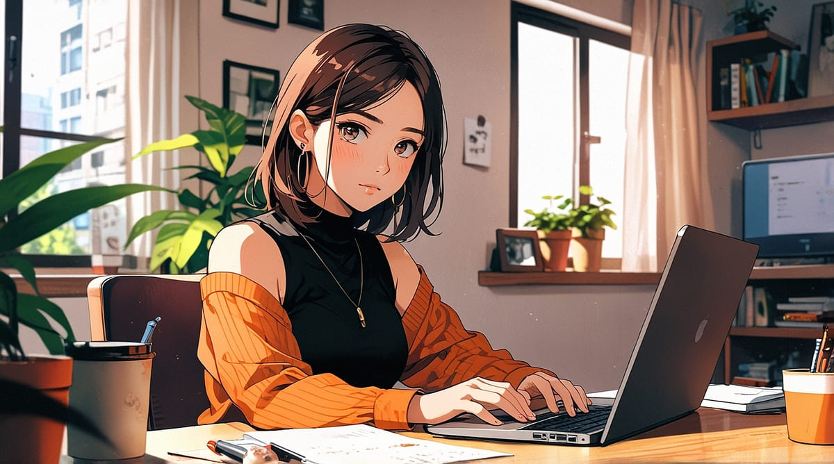 落ち着いた在宅デスクでPCを操作する30代女性のイラスト